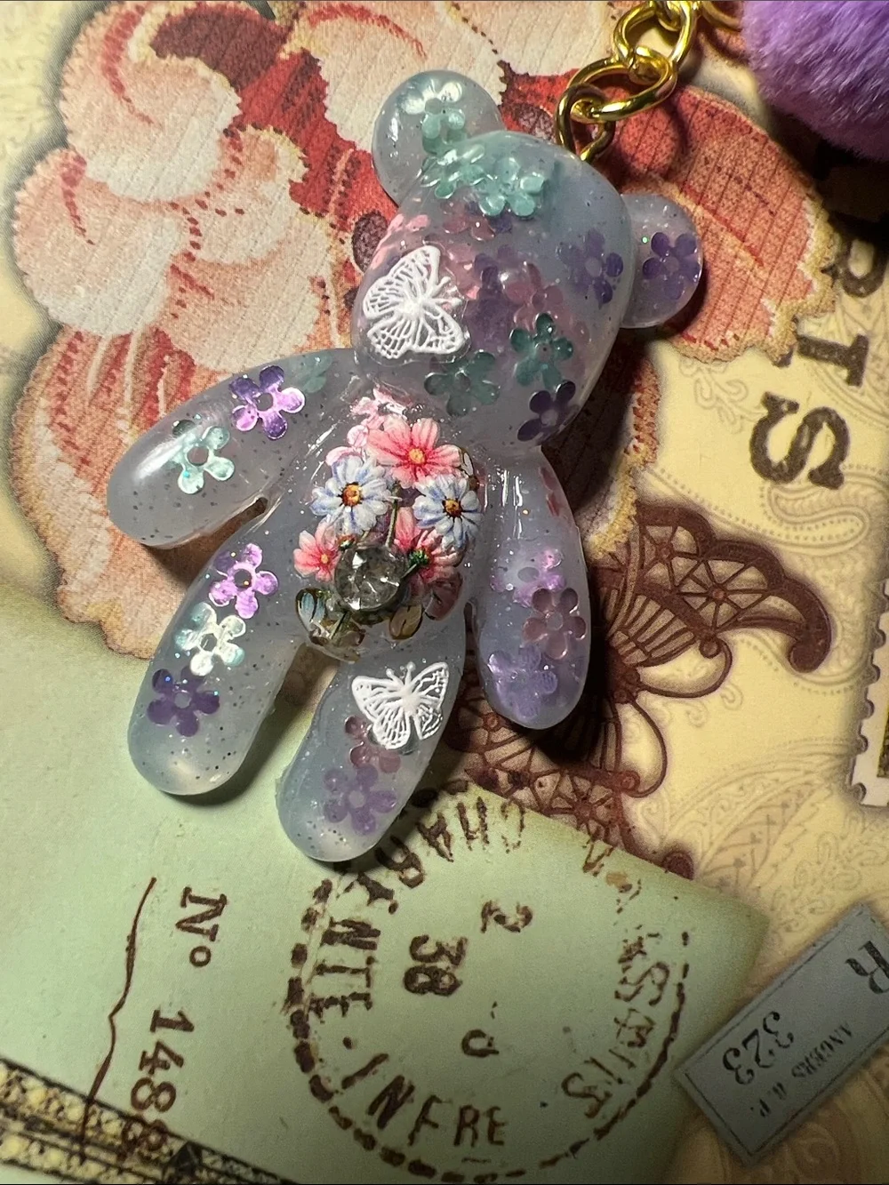 Purple Floral Resin Bear Keychain, backpack or purse charm.